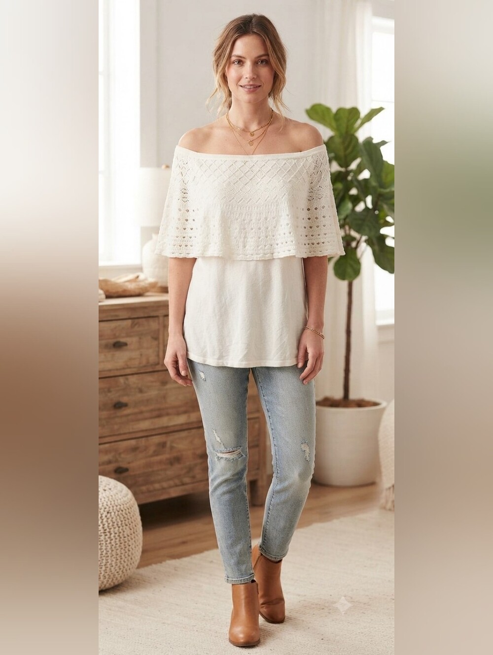 Cleo Ivory Crochet Capelet Tunic Top Size Medium EUC
